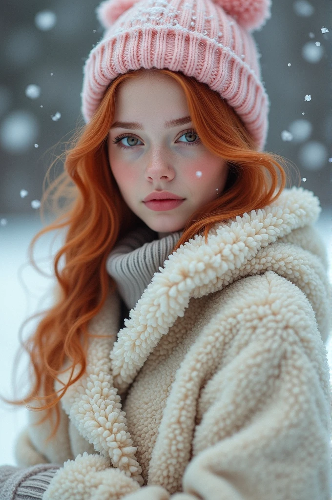 Young white woman with red hair and light brown eyes dressed in a teddy coat with a pink cold cap and snow behind her