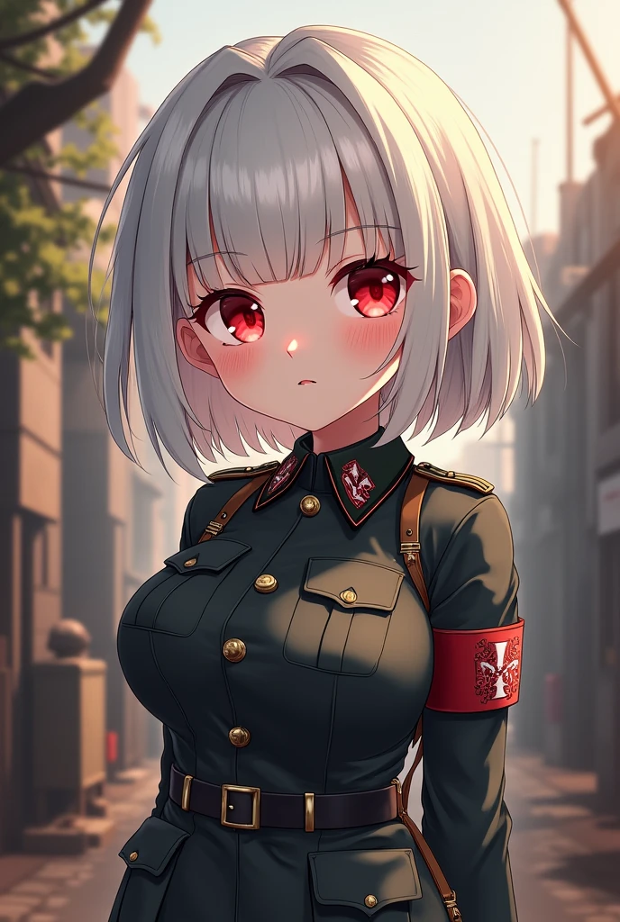 masterpiece, kawaii, adorable girl, red eyes, best quality, girl, short hair, medium breasts, white hair, german military uniform, world war