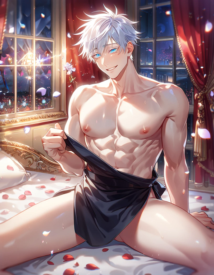 absurdres, highres, ultra detailed, HDR, master piece, best quality, detailed face, detailed eyes, Gojou Satoru, white hair, expressive blue eyes, white eyelashes, Jujutsu Kaisen, solo, sexy man, handsome, horny, lewd, smile, wearing a black apron, without shirt, without pants, luxurious room, night, window, red curtains, petals, magical, fantasy, Nu Carnival