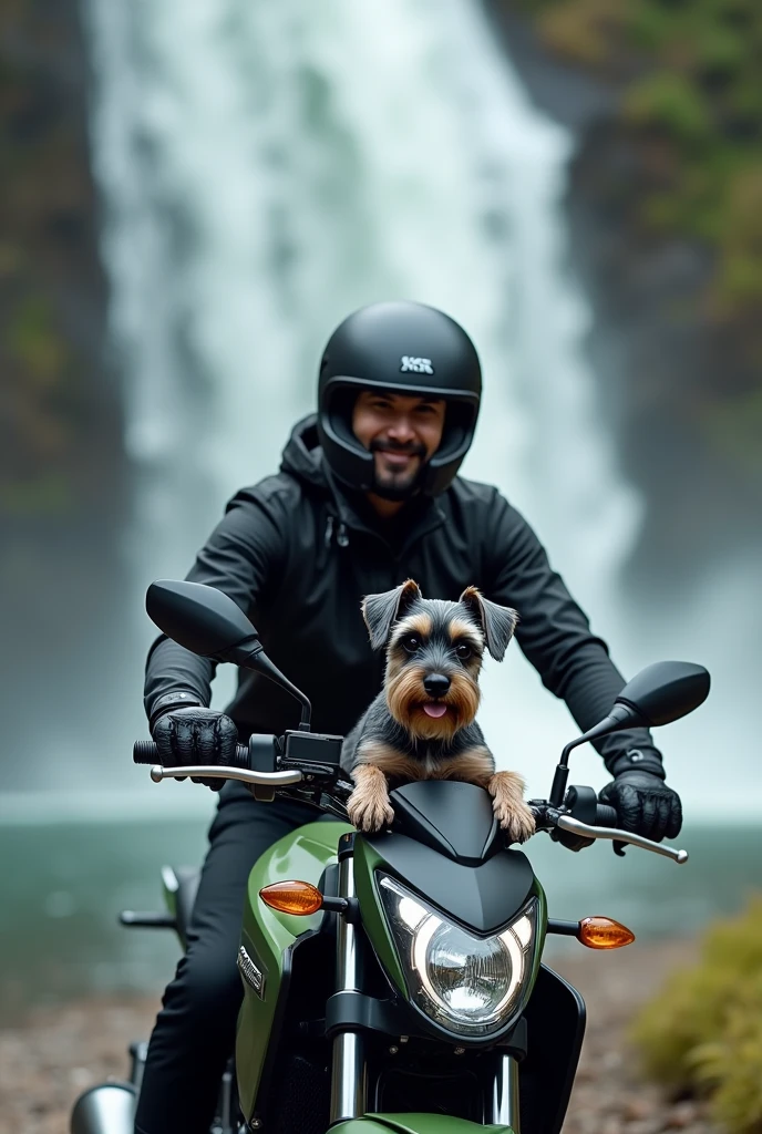 Create a horizontal image 16:09 A schnauzer dog, small size, black in color, gray and brown that is happy with its tongue out. He has a gray and black body with a brown and gray mustache and light brown and gray paws. Riding a light green Kawasaki Versys x motorcycle., trail model in a very beautiful waterfall in the background With a man in a closed black helmet, black beard, black clothes and 90 kilos