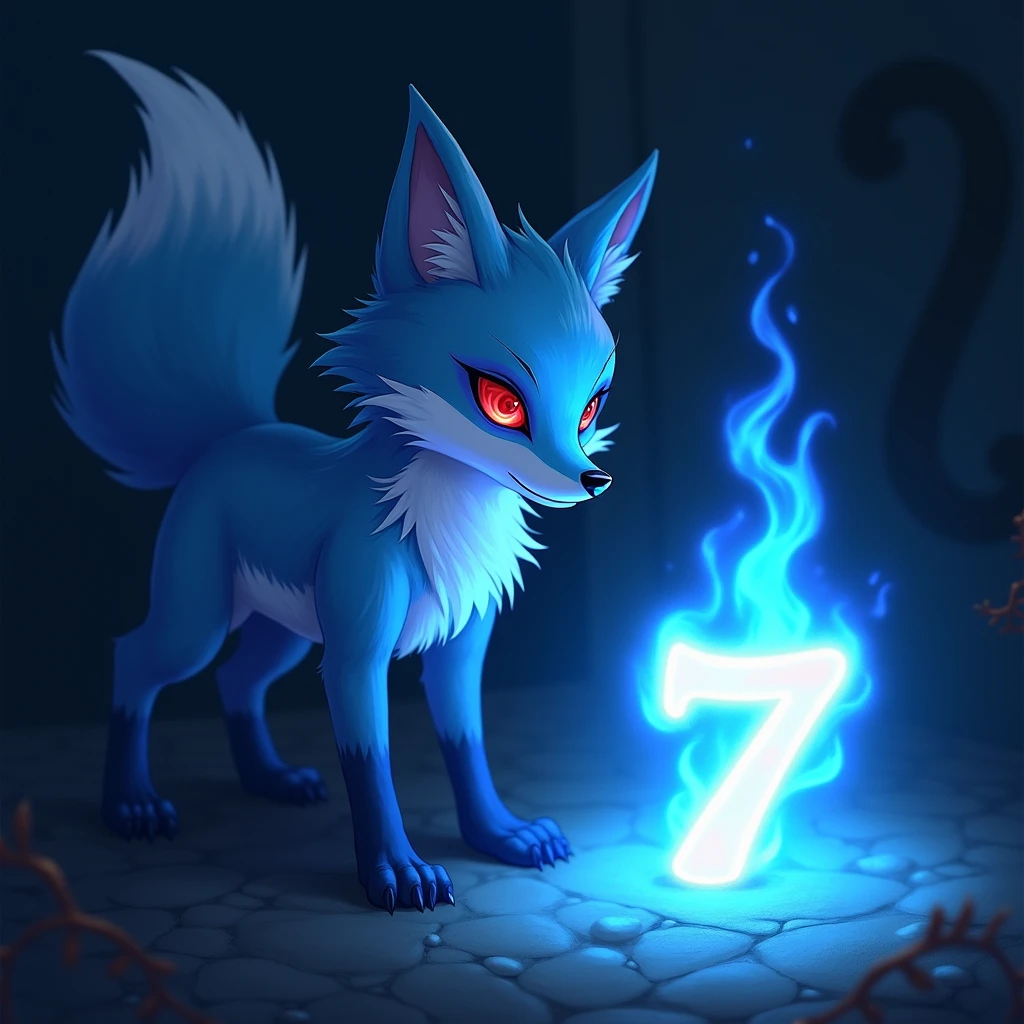 A blue fox with red eyes looking at the blue fire letter Y and the blue fire number 7