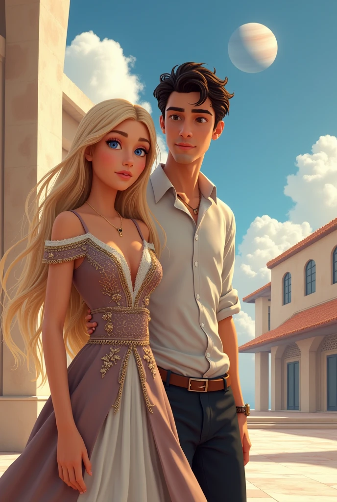 Create the cover for my book, A Princess in Türkiye, put the title in Brazilian Portuguese.A blonde princess with blue eyes, with an elegant dress that mixes traditional elements in soft tones.a dark haired man, dressed in casual clothes, like a white shirt and dark pants, which contrasts with the princess's more royal appearance.Scenario:Ao fundo, a building perhaps something reminiscent of modern Turkish architecture, .A distant planet visible in the sky, 3D realistic, put the title of the book and my author name Kelly Ramos