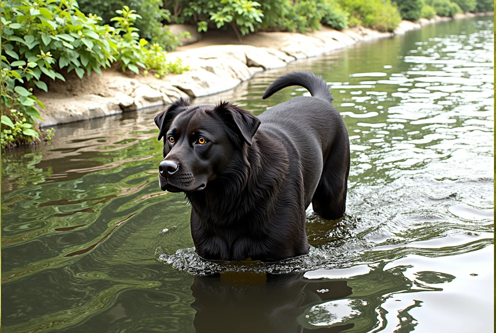 there is an anime style character black dog that is standing in the water, dog, at the waterside, black dog, a handsome, in a pond, in the water, a dog, river in front of him, the photo shows a large, bear, labrador, menacing!, playing with the water, emerging from the water, wet fur, handsome, nice face