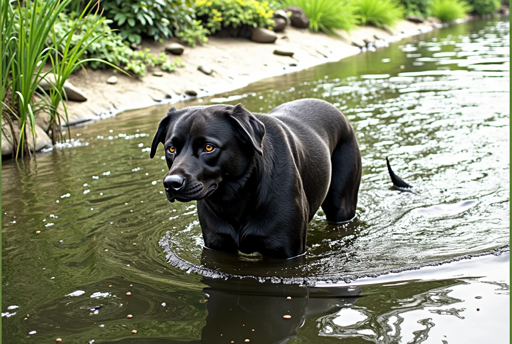 there is an anime style character black dog that is standing in the water, dog, at the waterside, black dog, a handsome, in a pond, in the water, a dog, river in front of him, the photo shows a large, bear, labrador, menacing!, playing with the water, emerging from the water, wet fur, handsome, nice face