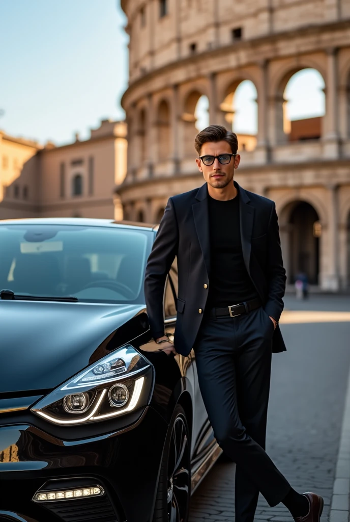 A thin white French guy with blue eyes and brown hair and round glasses near the Colosseum in Italy with a 2017 black Clio 4 RS Trophy phase 2 with a spoiler 