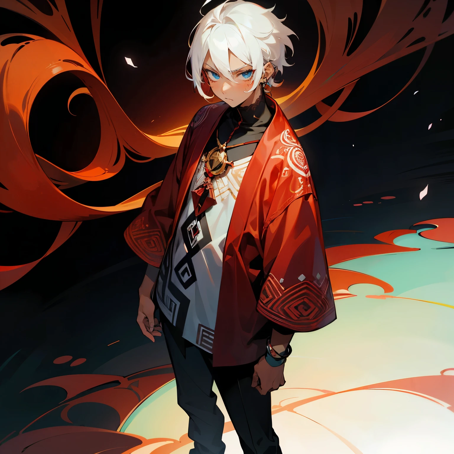 1male, Modern Undercut Hair ,Young Male, Curly White Hair , , Dark Skin , Black Yukata with Red Swirl Designs on the sleeve , Serious Expression , Standing on path, Red Tribal tattoos on one arm, Pale Blue Eyes, Male