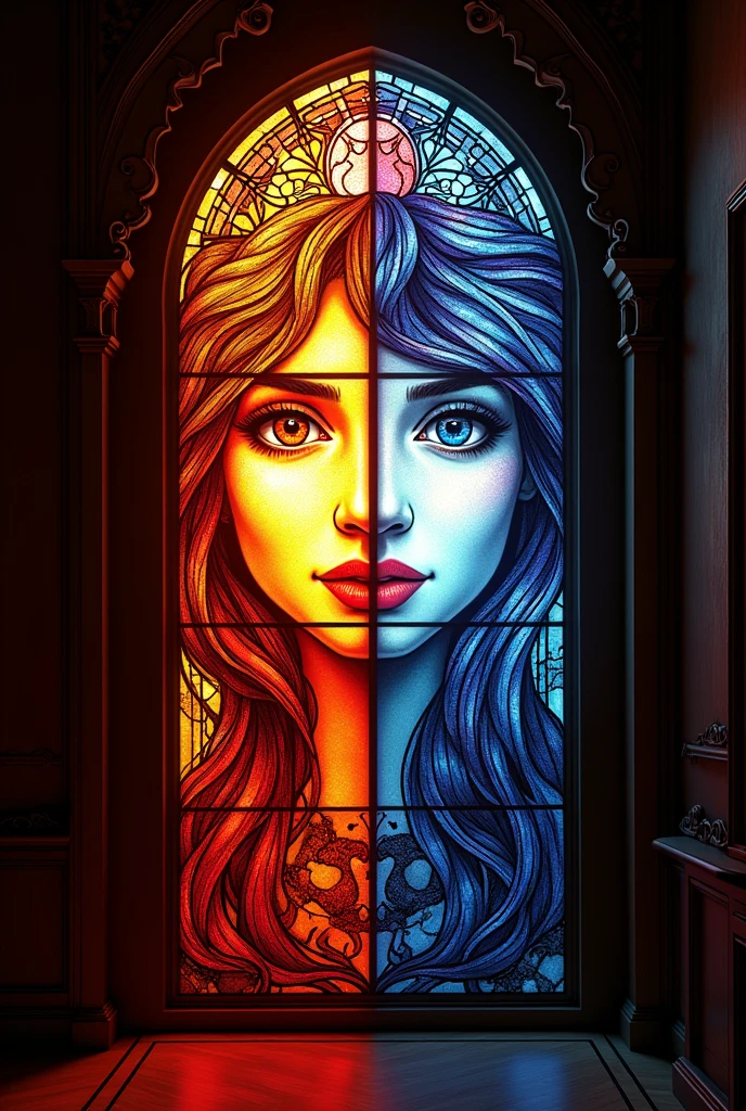 A stained glass window depicting a spectrum of human emotions - joy, anger, sadness, and love - bathed in the colorful light of the setting sun. The intricate details and vibrant hues of the window create a sense of beauty and complexity, representing the richness of human experience.