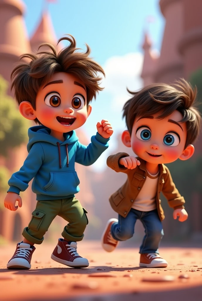 pixar style poster, with 3D animated characters. It shows two children in different angles and postures.. One with brown hair and brown eyes, with blue sweatshirt, green pants and sneakers, and the other, with brown hair, blue eyes, brown shirt, White T-shirt, jeans and brown pants. surprised