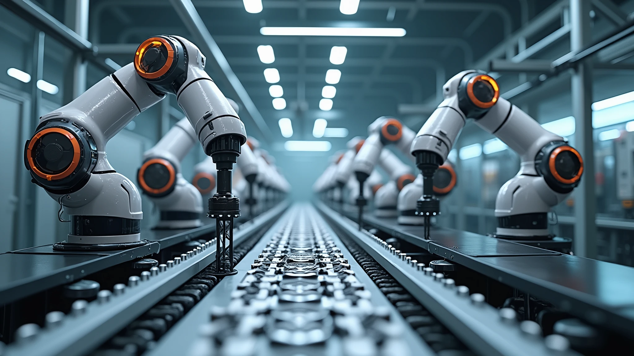 : An AI-operated assembly line in a high-tech factory, with robotic arms moving with precision and speed. 8k  