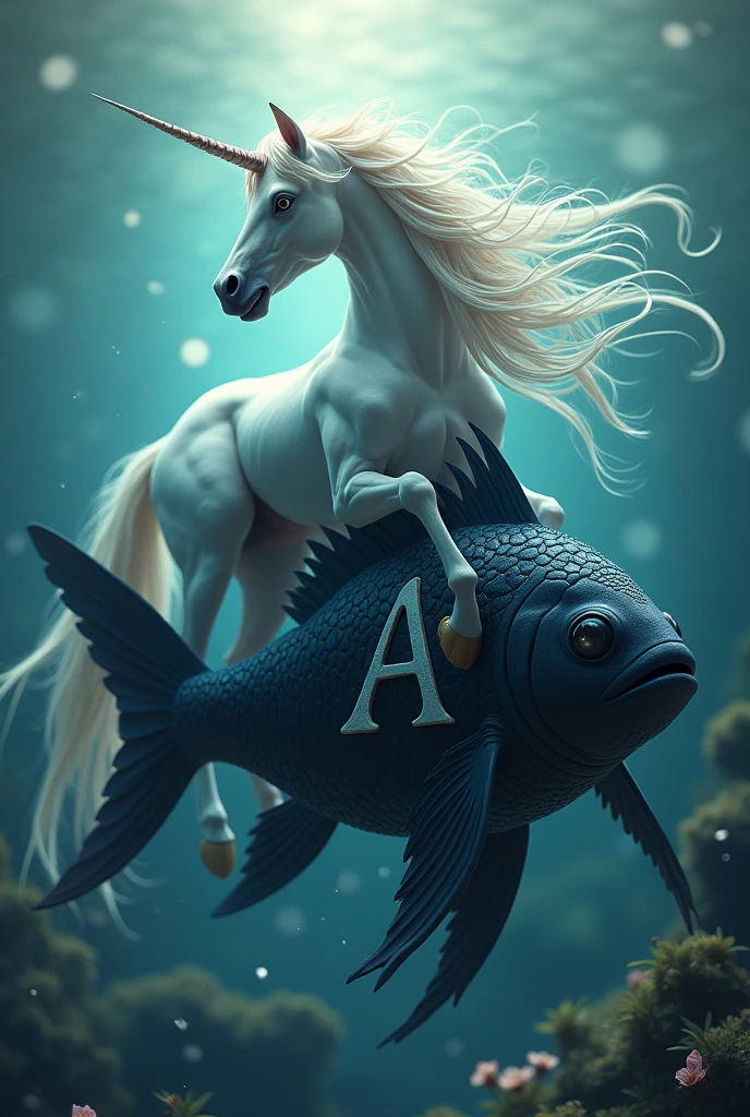 a unicorn riding a black fish with the letter Aaa
