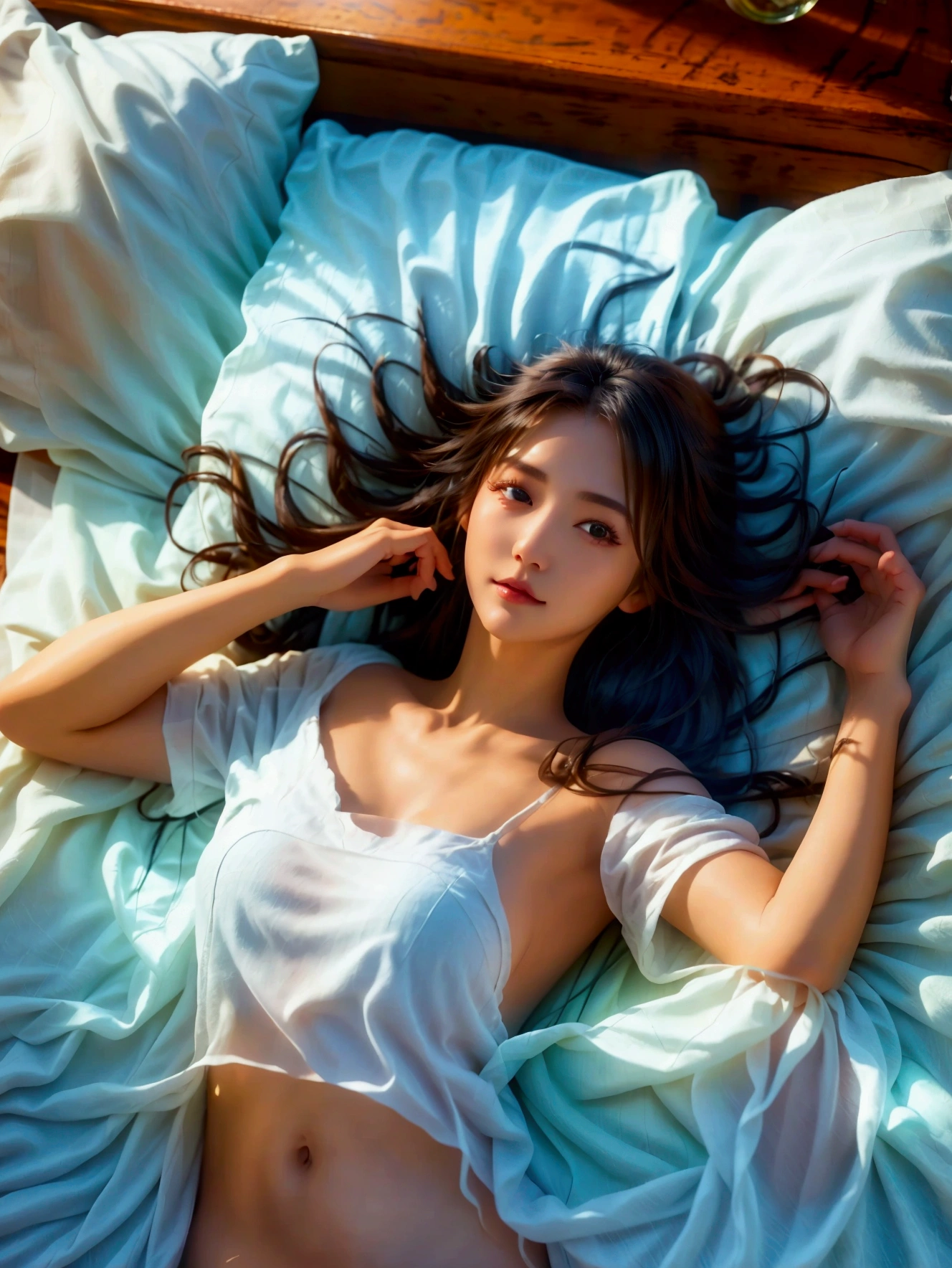 “A beautiful woman fresh from a bath, dressed in an oversized white T-shirt and comfortable shorts, lying on her stomach in a relaxed pose on a cozy bed. She holds a can of beer in one hand, resting her chin on the other, with a warm, radiant smile that lights up her face. Her damp hair is slightly tousled, spreading naturally across the pillow, adding to her relaxed and casual look. The oversized T-shirt drapes comfortably over her back, enhancing the laid-back vibe. The bed is made with soft blankets and pillows, creating a warm and inviting atmosphere in the softly lit room. The scene captures a moment of casual comfort and happiness, with the woman enjoying her beer and the cozy, relaxed setting.”