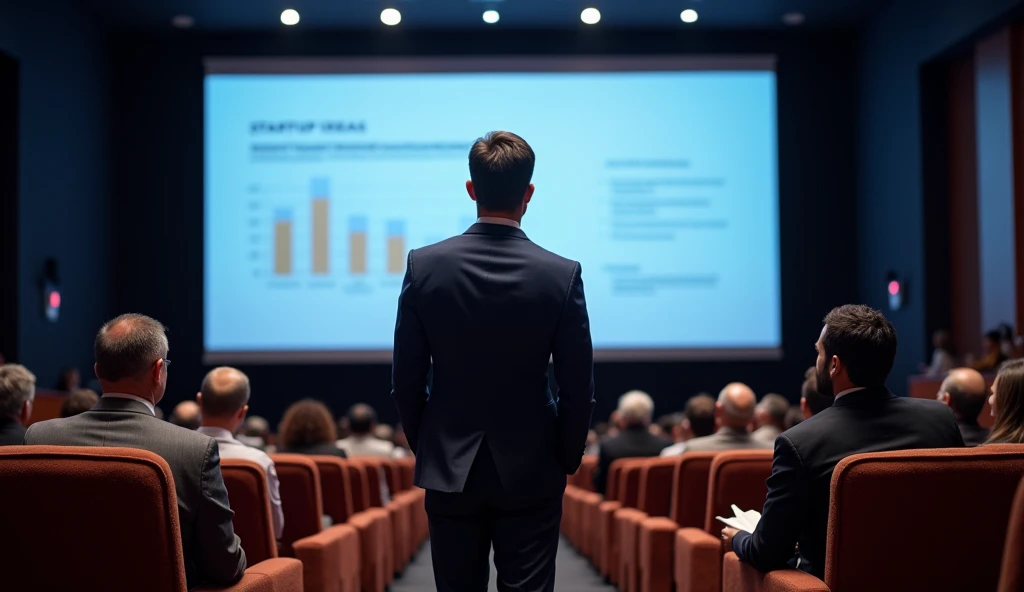 A high-resolution image capturing a startup founder presenting their business idea to a group of investors, men and women of different nationalities in a large auditorium. The presenter is standing confidently with a slideshow on a large screen behind them, showing financial projections and product features. The investors are engaged, with one of them taking notes.