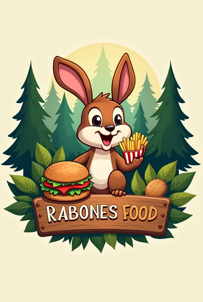 Logo for a fast food restaurant called "Rabones Food" that has hamburgers and fries, In addition to having to do with the forest  

