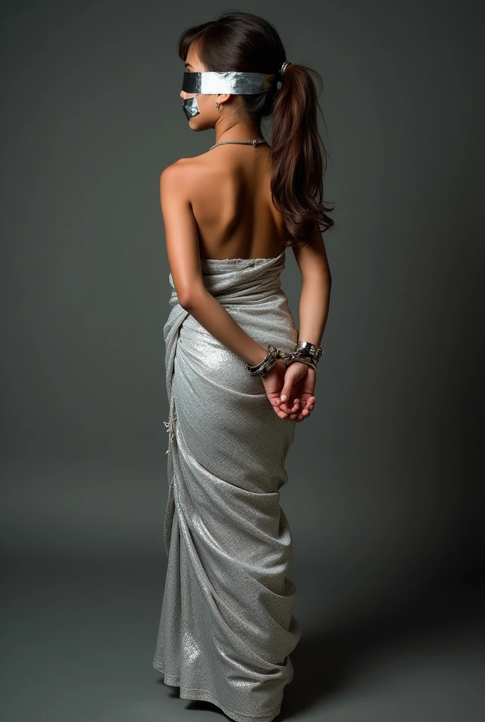 girl blindfolded duct tape gagged in silver sparkling saree and handcuffed tied behind the back and tape gagged backside view photo