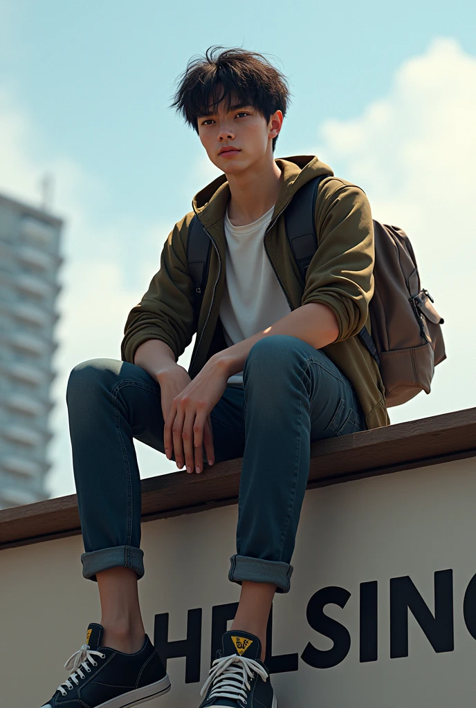 A young man, with basic shirt and jeans, sitting on top of a billboard that says HELSING, showing a bag without a logo