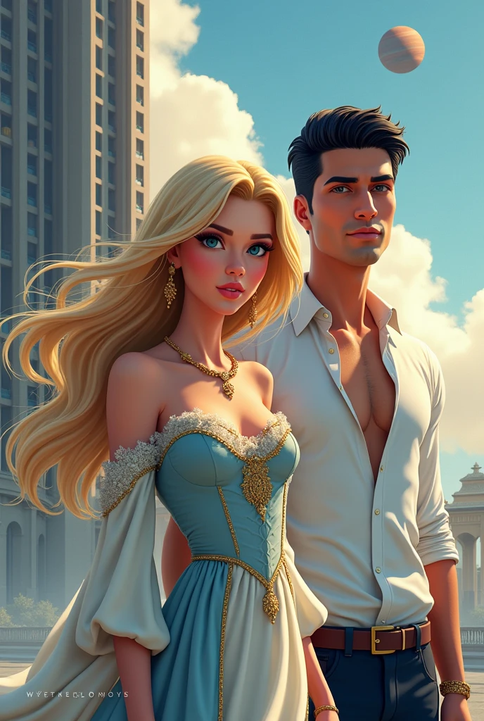 Create the cover for my book, A Princess in Türkiye, put the title in Brazilian Portuguese.A blonde princess with blue eyes, with an elegant dress that mixes traditional elements in soft tones.a dark haired man, dressed in casual clothes, like a white shirt and dark pants, which contrasts with the princess&#39;s more royal appearance.Scenario:Ao fundo, a building perhaps something reminiscent of modern Turkish architecture, .A distant planet visible in the sky, 3D realistic, put the title of the book and my author name Kelly Ramos , make the characters more human and realistic 