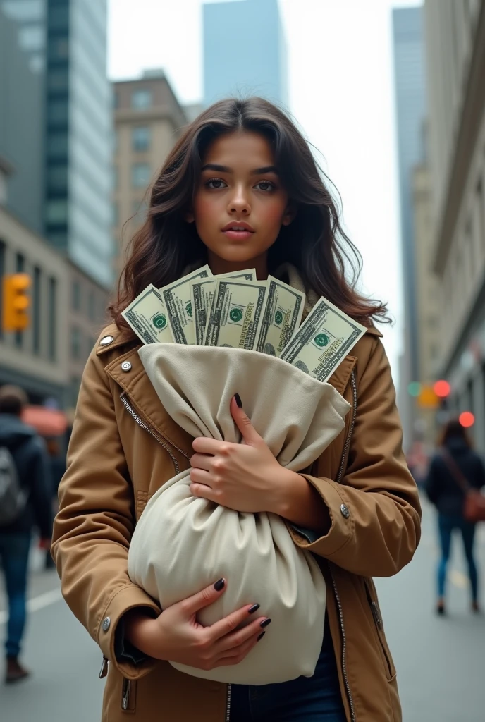 A girl with a bag of money