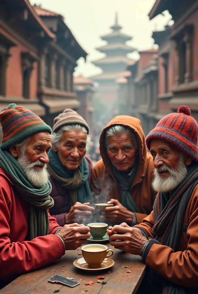 A group of old nepalese people drinking tea in ancient Kathmandu city landscape
