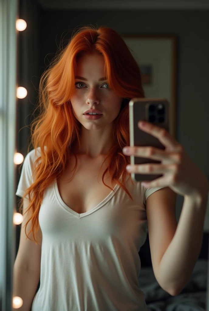 Photo d'une jeune fille redhead prenant un selfie dans sa chambre, striking a very sexy pose with her phone in front of her mirror. Elle est de corpulence moyenne. Le miroir est équipé de LED blanches. She is dressed. She is wearing a t-shirt ,face is visible,skin texture,skin pores,freckles,8K image.