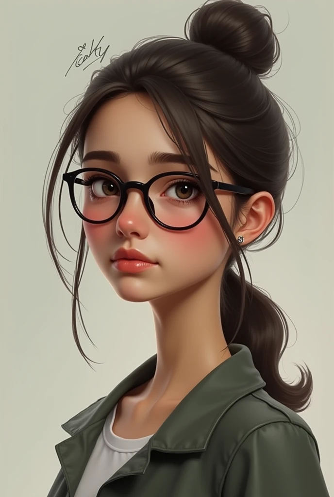 Height & Build: She is approximately 5.5 inches tall (assuming you meant feet, this would be about 5 feet 5 inches tall), with a medium build—neither slim nor chubby, but balanced.
Age: Around 20 years old.
Skin Tone: Fair to wheatish complexion.
Facial Features: She wears glasses, and her front four teeth are slightly larger than average but not overly so.
Body Structure: She has broad shoulders, which gives her a more defined upper body.
Create picture of such girl
Don’t make her face smiling
Her face is broad also and chin is spiky