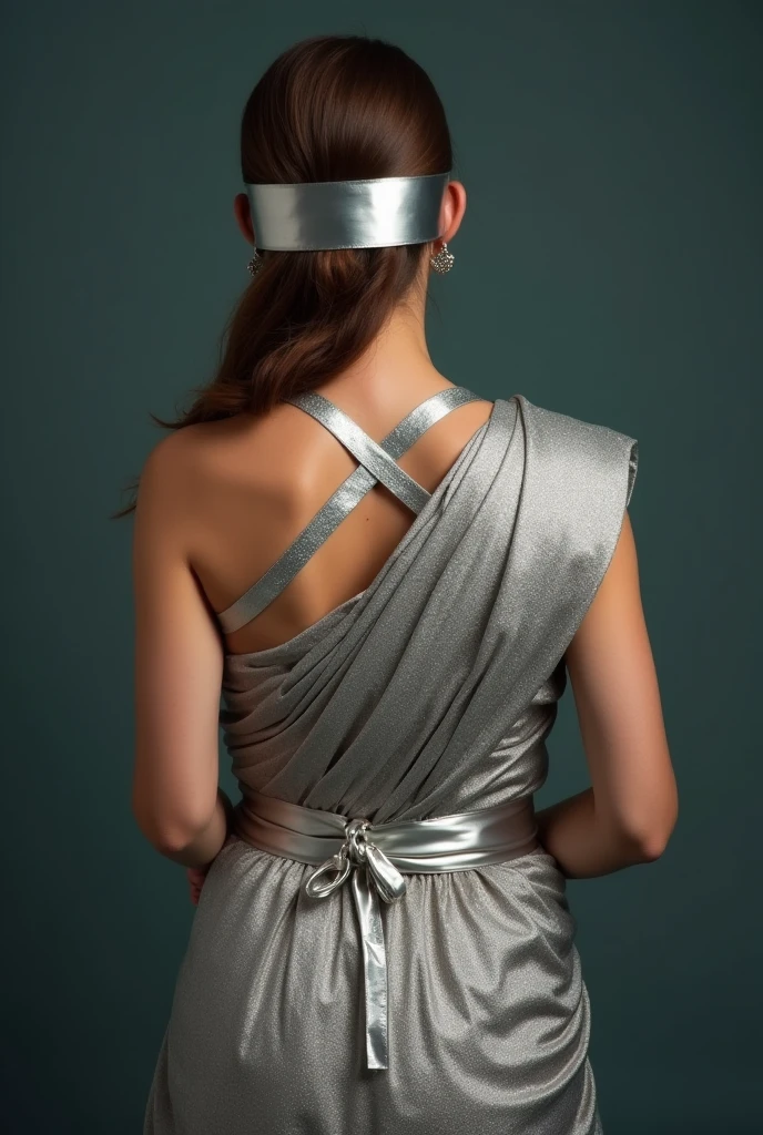 girl blindfolded duct tape gagged in silver sparkling saree and handcuffed tied behind the back and tape gagged backside view photo