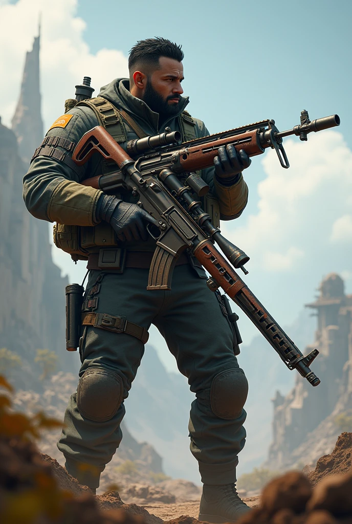 Create a free fire character the name of the character is MR.Sanki with AWM best pose