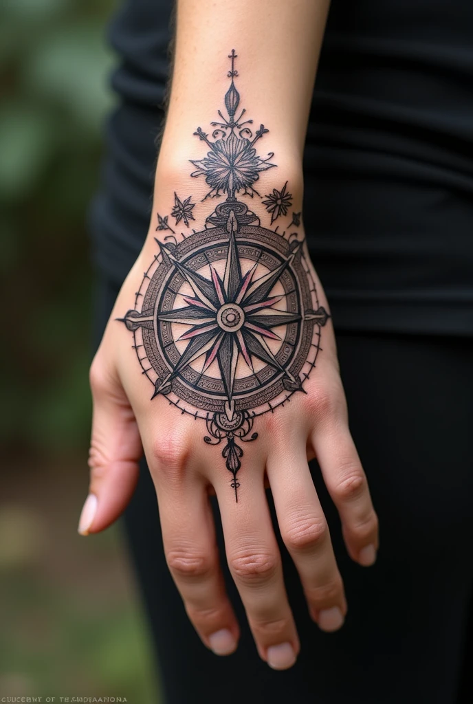 Compass-shaped tattoo on the hand. Prettier. It covers the entire hand.