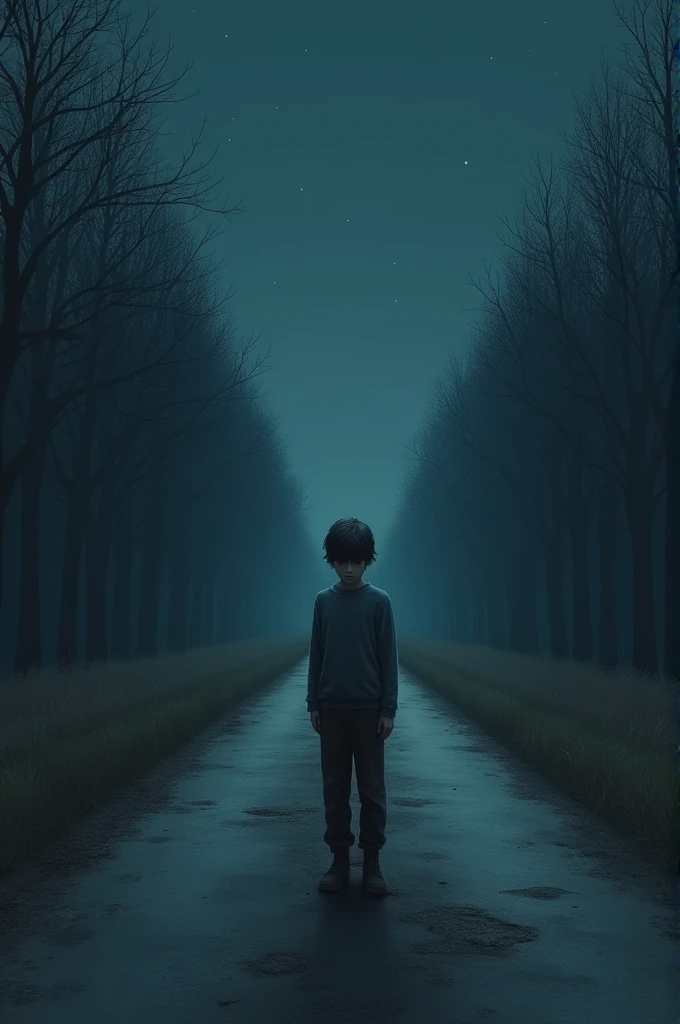 A sad boy on road at night