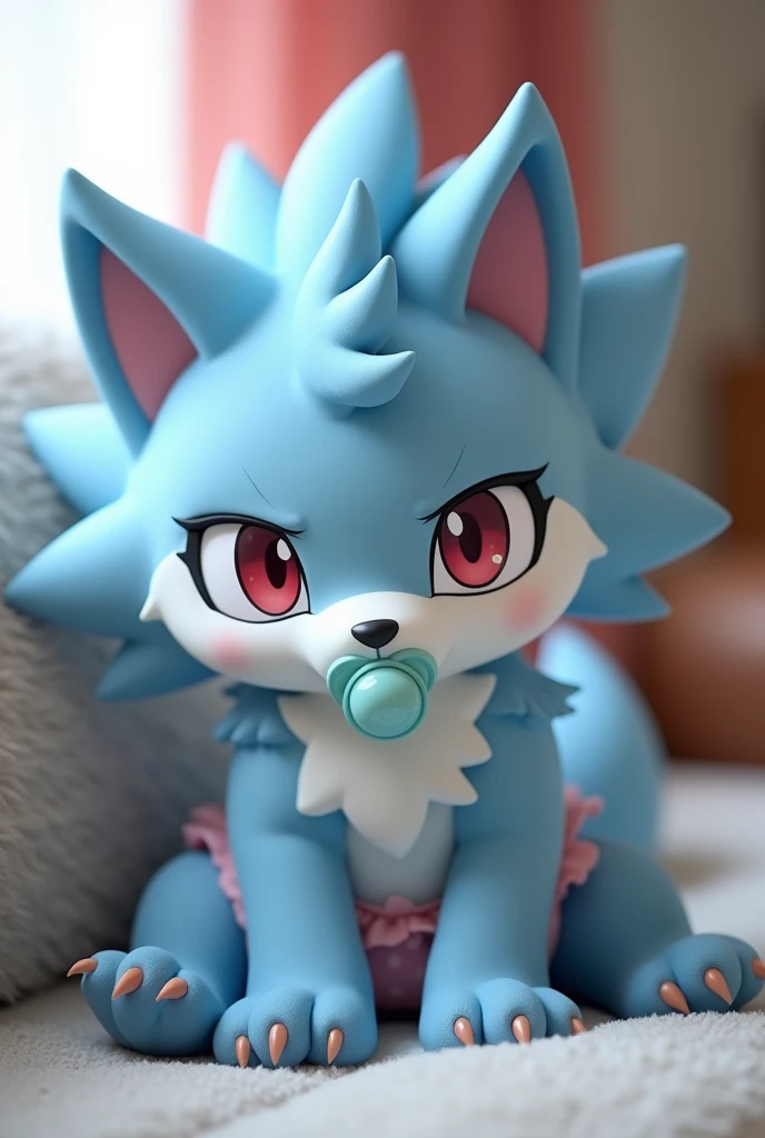 light-blue anthro midnight lycanroc, in a girly diaper and pacifier sitting on a couch, looking tired