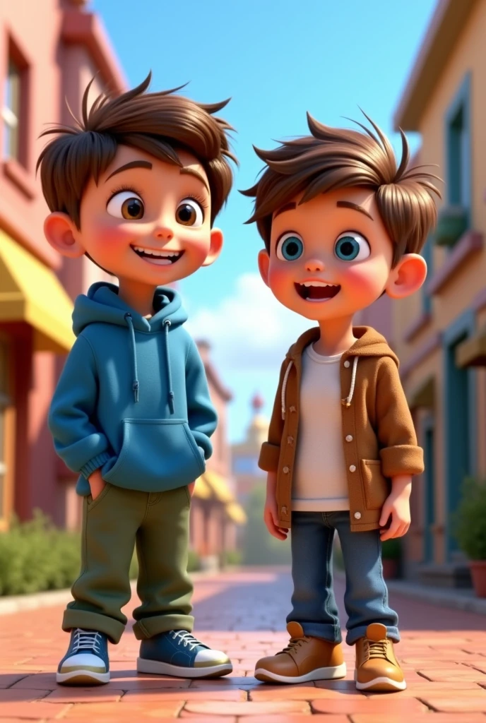 pixar style poster, with 3D animated characters. It shows two children in different angles and postures.. One with brown hair and brown eyes, with blue sweatshirt, green pants and sneakers, and the other, with brown hair, blue eyes, brown shirt, White T-shirt, jeans and brown pants. With a surprised face