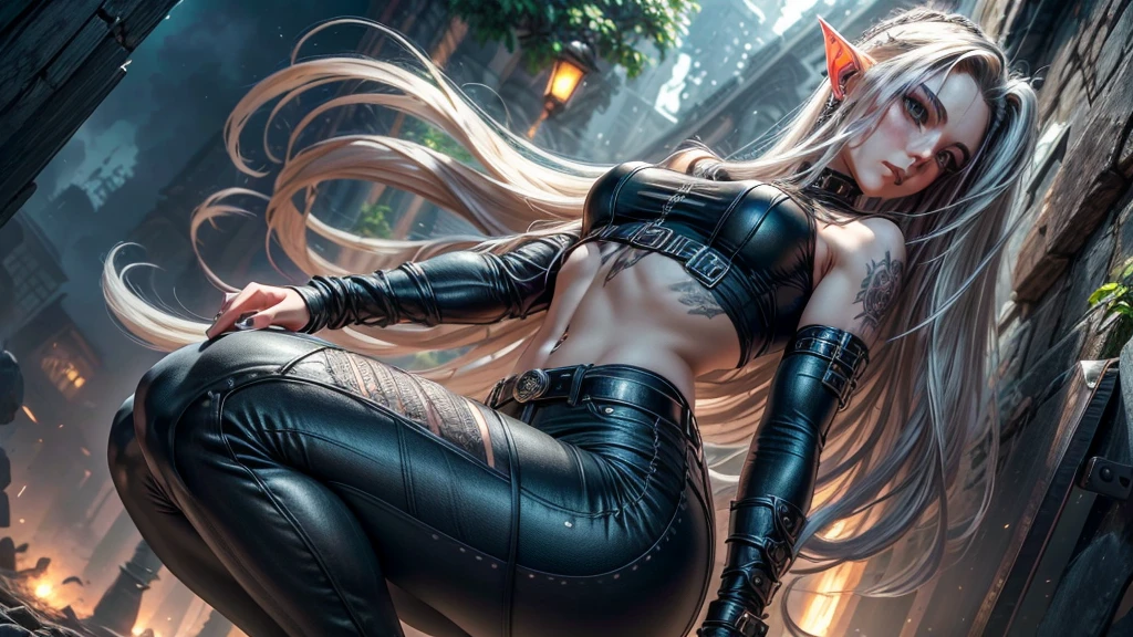 melhor qualidade,Obra de arte,ultra high resolution,(Realisticidade:1.4),foto original,cinematic lighting, elf girl, long platinum hair, light dark garden, Sozinho, Metalhead style girl at night under the moonlight, wearing ripped black pants, Roupas pretas, ajuste Corpo quente, estilo heavy metal, fotografia, concerto de heavy metal. realista, datailed, rosto detalhado, 4k.