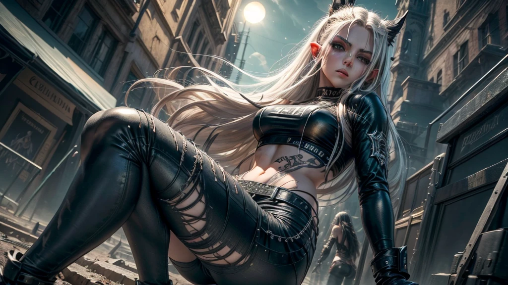 melhor qualidade,Obra de arte,ultra high resolution,(Realisticidade:1.4),foto original,cinematic lighting, elf girl, long platinum hair, light dark garden, Sozinho, Metalhead style girl at night under the moonlight, wearing ripped black pants, Roupas pretas, ajuste Corpo quente, estilo heavy metal, fotografia, concerto de heavy metal. realista, datailed, rosto detalhado, 4k.