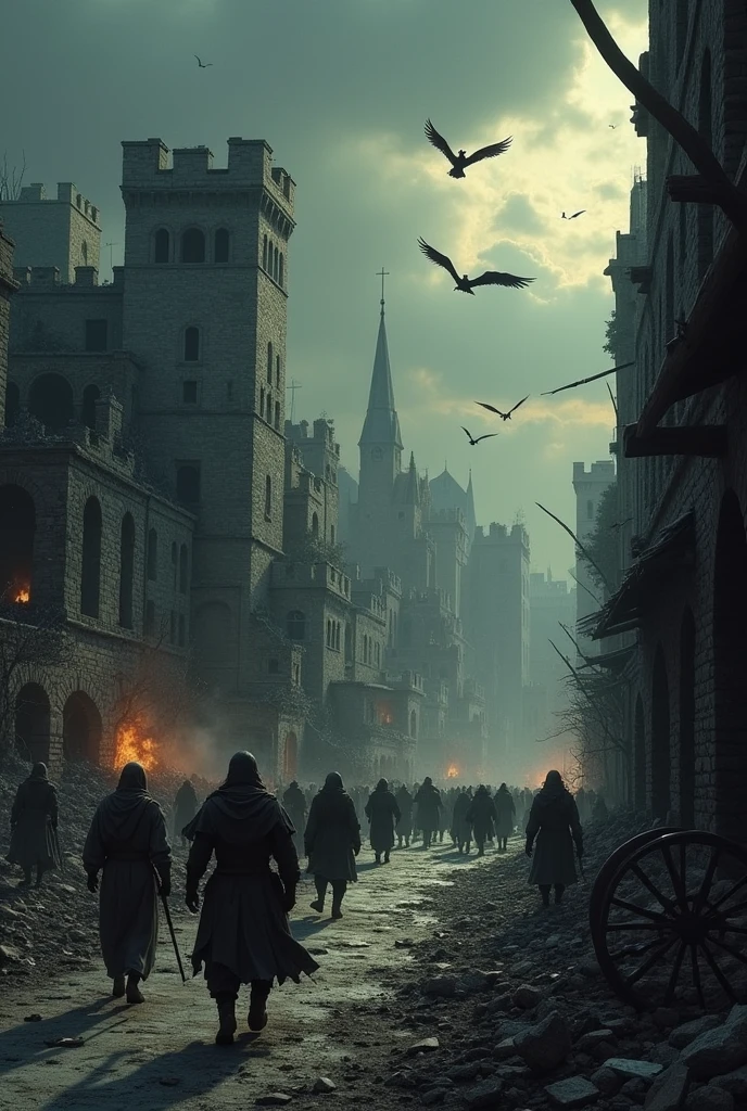 Please, I know you are a great artist. Can you help me by making a drawing of a chaotic and apocalyptic city from the medieval era?
