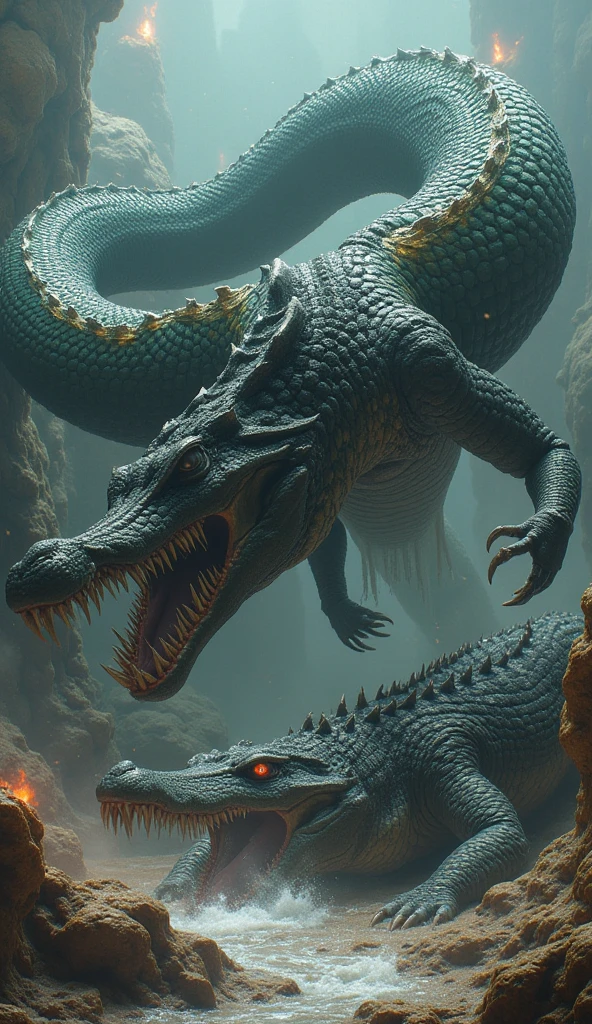 Alien anacondas fighting alien crocodiles very aggressively