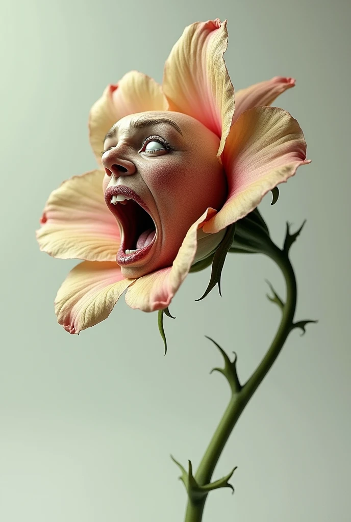 a flower with a human face wilted so that the stem bends towards the ground as if the flower is falling backwards. But give the flower a face of extreme terror and look in profile while leaning over its back.