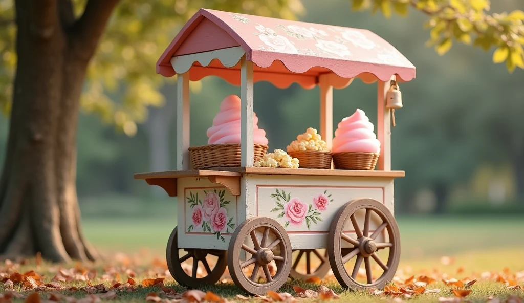 A close-up photo of a quaint wooden cart with an old-fashioned charm, selling cotton candy and popcorn. The cart is painted in pastel colors and adorned with hand-painted floral patterns. The scene is set in a serene park, with soft morning light filtering through the trees, highlighting the freshly spun cotton candy and buttery popcorn.