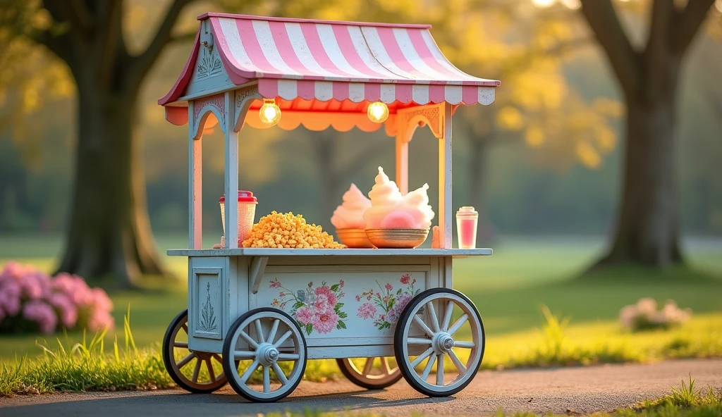A close-up photo of a quaint wooden cart with an old-fashioned charm, selling cotton candy and popcorn. The cart is painted in pastel colors and adorned with hand-painted floral patterns. The scene is set in a serene park, with soft morning light filtering through the trees, highlighting the freshly spun cotton candy and buttery popcorn.