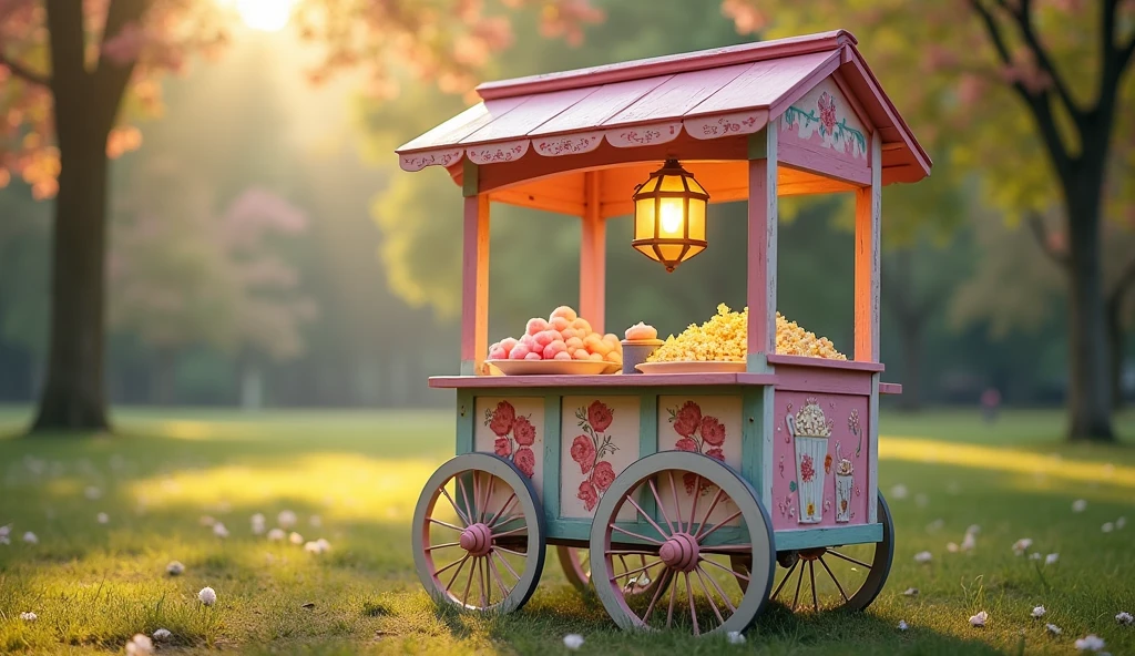 A close-up photo of a quaint wooden cart with an old-fashioned charm, selling cotton candy and popcorn. The cart is painted in pastel colors and adorned with hand-painted floral patterns. The scene is set in a serene park, with soft morning light filtering through the trees, highlighting the freshly spun cotton candy and buttery popcorn.