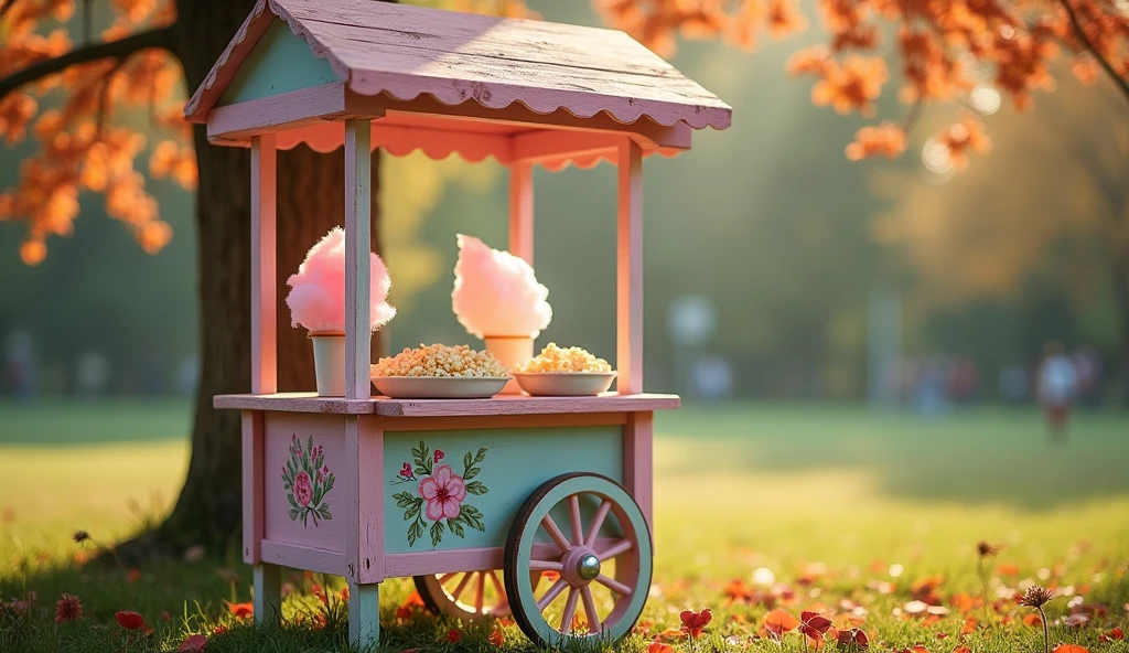 A close-up photo of a quaint wooden cart with an old-fashioned charm, selling cotton candy and popcorn. The cart is painted in pastel colors and adorned with hand-painted floral patterns. The scene is set in a serene park, with soft morning light filtering through the trees, highlighting the freshly spun cotton candy and buttery popcorn.
