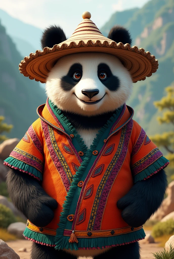 Draw a semi-realistic panda with a smile and a determined look. Let it be a grandpa panda. I want him to wear a native and colorful poncho. I want him to wear a peasant hat.