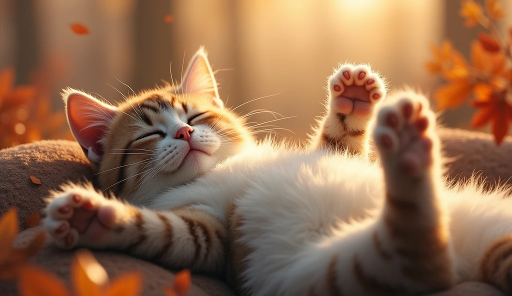 A medium shot of a cat taking a nap on a hot day. The cat is lying on its back with its paws spread out. The background is a autumn terrain. The lighting is bright.