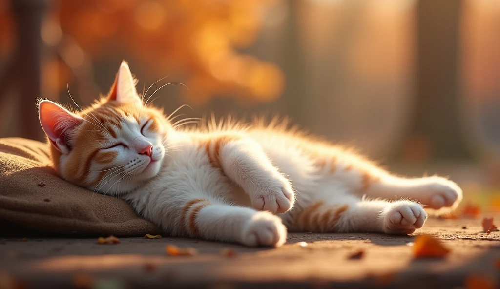 A medium shot of a cat taking a nap on a hot day. The cat is lying on its back with its paws spread out. The background is a autumn terrain. The lighting is bright.