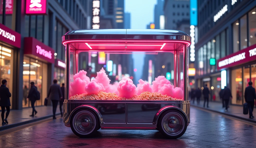 A detailed photo of a modern, sleek seller's cart with glass display cases showcasing vibrant pink cotton candy and freshly popped popcorn. The cart is positioned in the middle of a bustling city street, surrounded by tall buildings. Neon lights from nearby shops reflect off the cart’s surface, adding a lively, urban feel.
