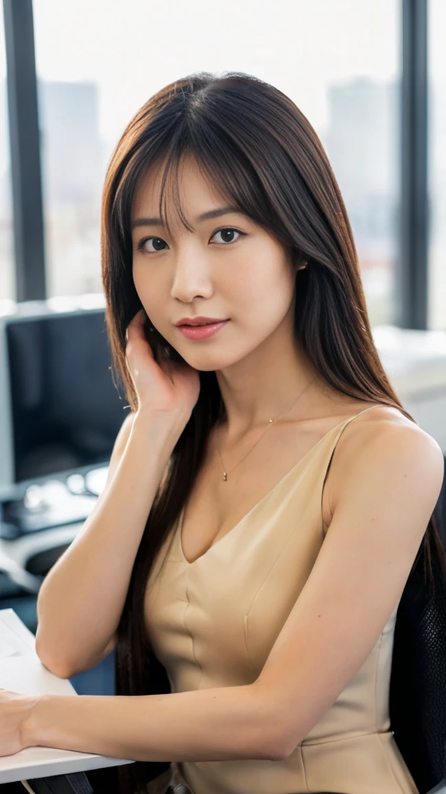 (top-quality, 16K, ​masterpiece:1.3), (ultra detailed), (masterpiece), (best quality), Highest quality, Realistic, surreal, Highest quality, Extremely detailed CG, Very delicate, 16K wallpaper, High resolution, A female manager working for a top company, 3, ((mole, beauty mark:1.0)), ((UNTITLED business suits:1.2)), ((A very simple necklace)), Japanese office with large windows, ((sitting in an office chair)), Japanese, slender body, very detailed, detailed fingers, detailed hands, detailed eyes, detailed legs, accurate and perfect human anatomy, real human skin, BREAK ((upper body:1.5)), ((look into the viewer's eyes:1.5)), ((looking at viewer:1.5)), ((Front view:1.5)), ((from front:1.5)),