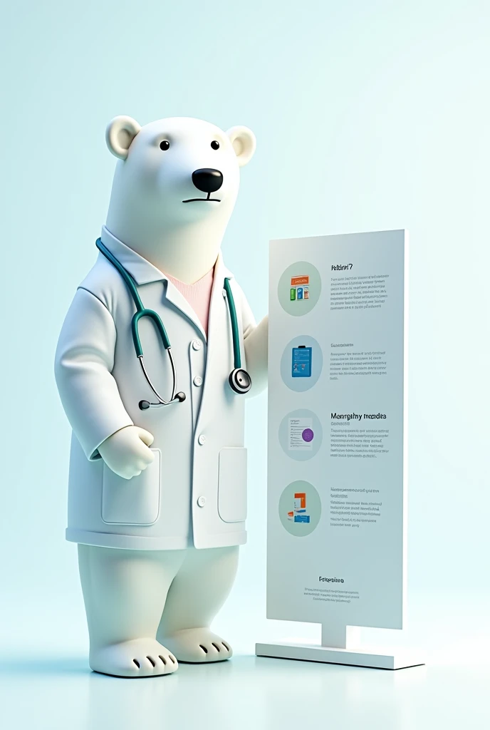 I want an infographic for rational use of medicines in a hospital, a short image to place 3 lines of information, I also want an image of a polar bear that represents the rational use of medicines., I want the polar bear with a doctor's gown and uniform