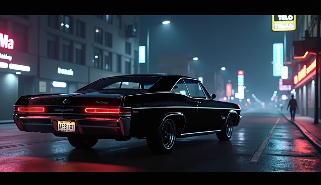 create a gta san andreas style illustration of a black Impala 67 at night from a distance