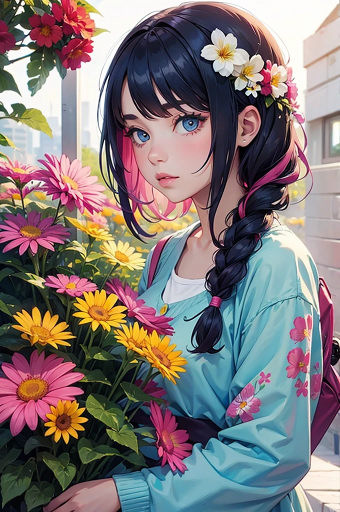 Girl surrounded by colorful flowers Upper body Colorful hair