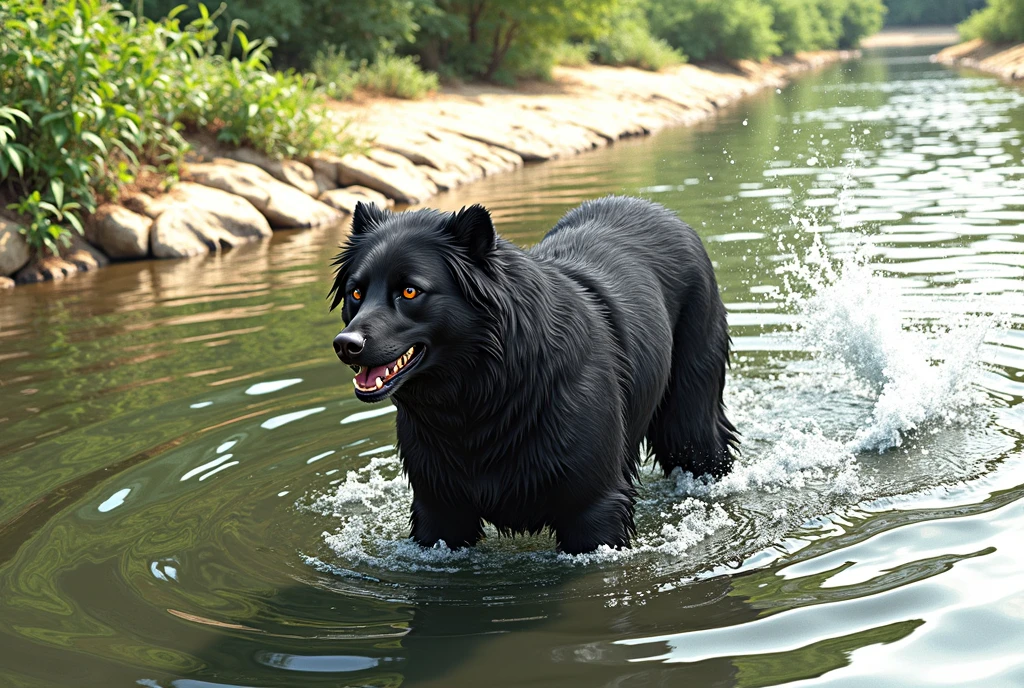 there is an anime style character (like Bleach) black dog that is standing in the water, dog, at the waterside, black dog, a handsome, in a pond, in the water, a dog, river in front of him, the photo shows a large, bear, labrador, menacing!, playing with the water, emerging from the water, wet fur, handsome, nice face
