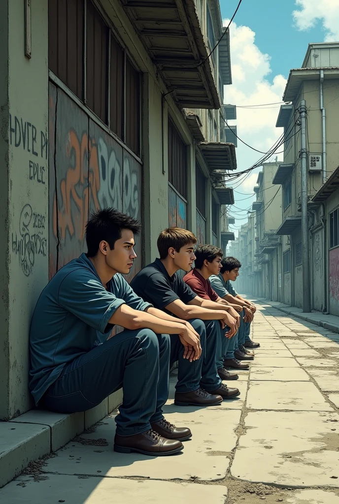 A group of characters, including a man, a young man dejected, and other residents, They are sitting on the sidewalk, staring into the void. In the background, You can see dilapidated buildings and graffiti on the walls..
