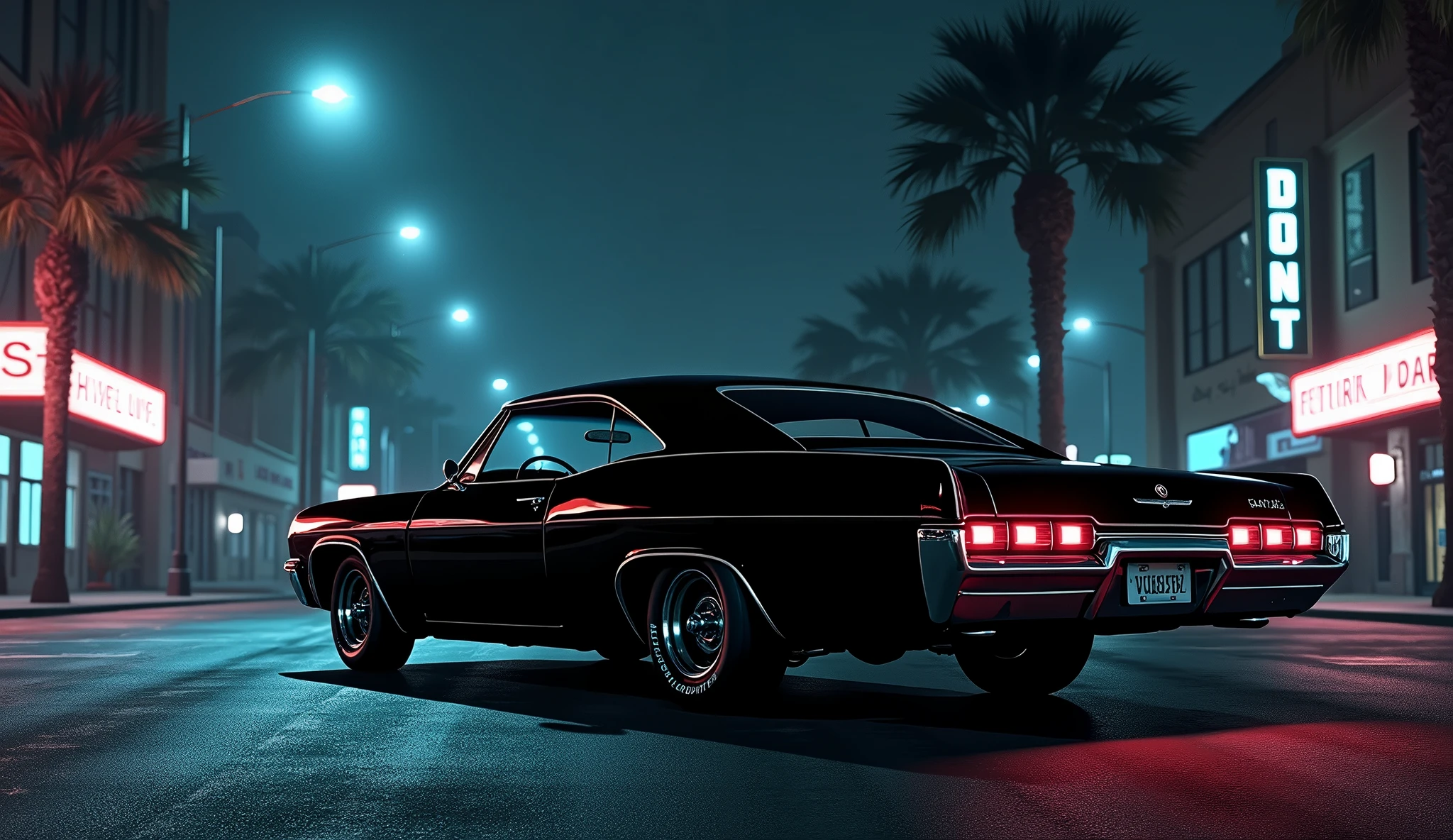 create a gta san andreas style illustration of a black Impala 67 at night from a distance